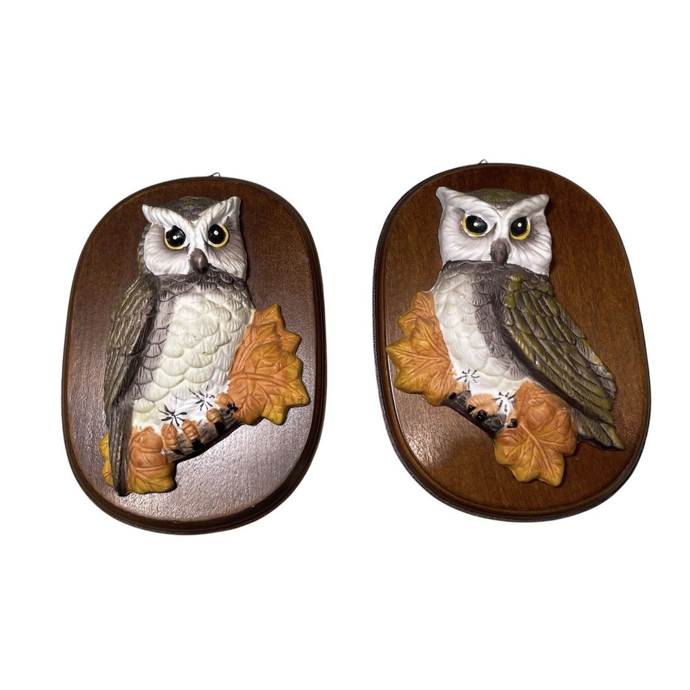 Vintage Ceramic Wood Mounted Owl Wall Art Retro 70s Cottage Taiwan Decor